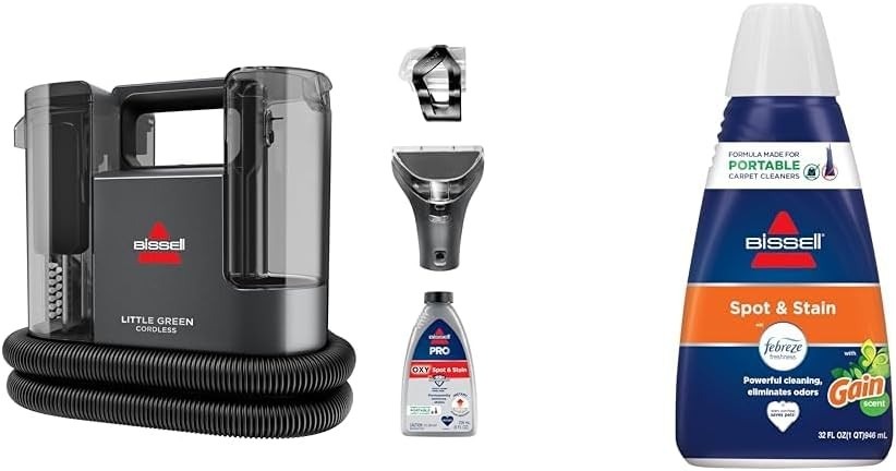 A black Bissell Little Green cordless appliance, attachments and cleaning-formula bottles in the source product illustration; current package details require confirmation.