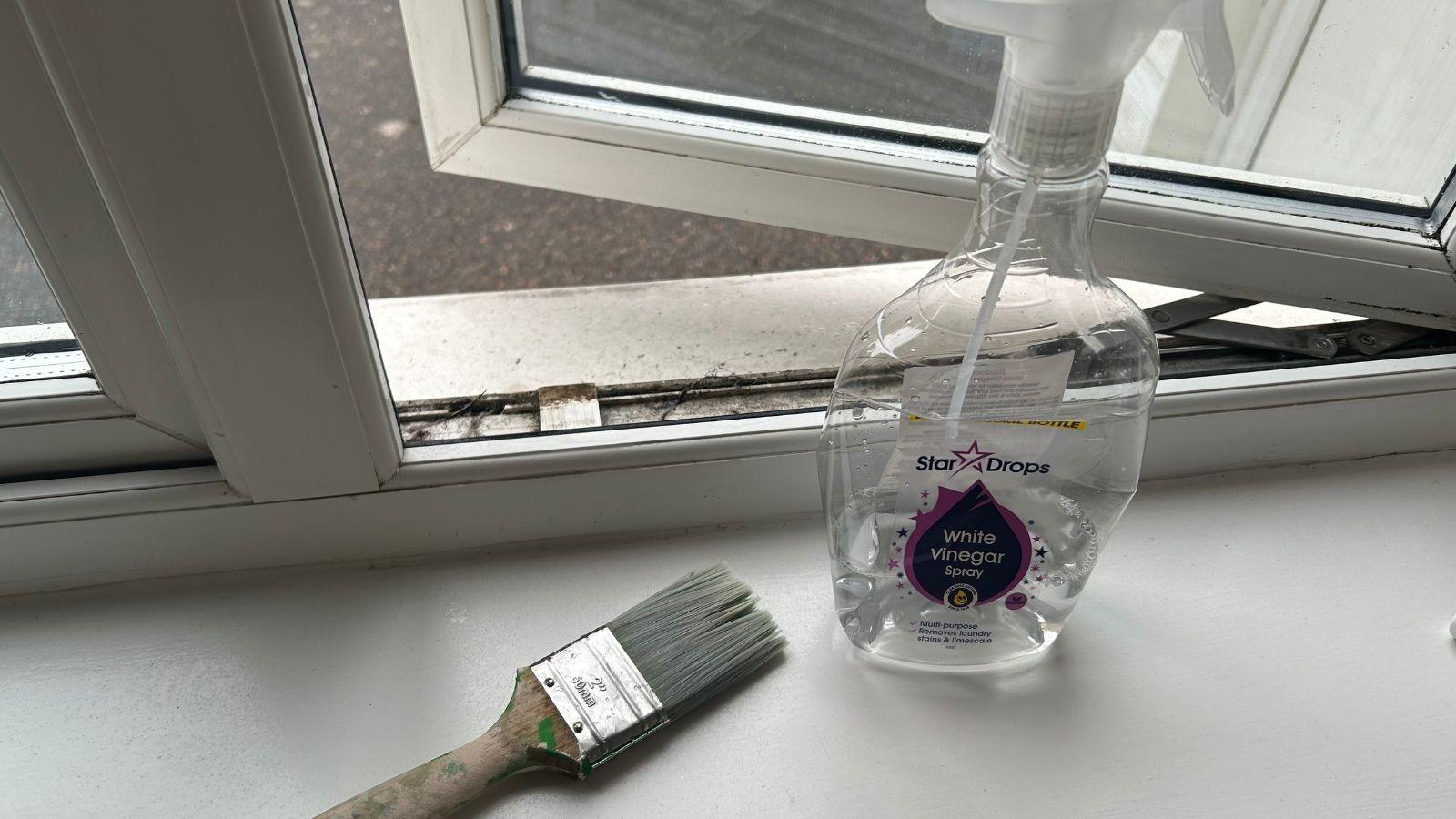 A paintbrush and vinegar spray bottle beside an open window with visible track debris in the source cleaning trial.