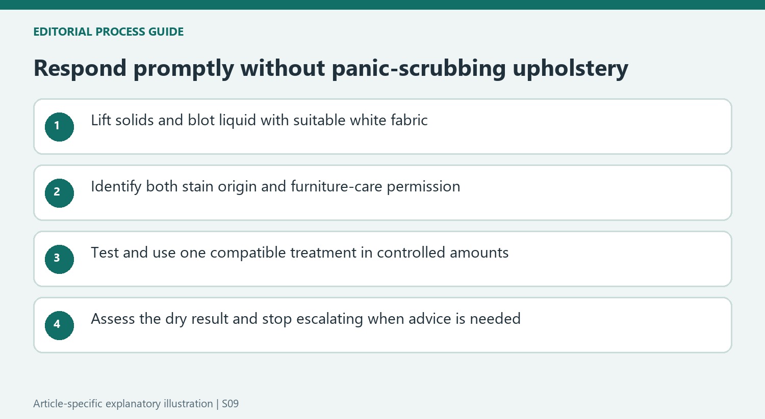Respond promptly without panic-scrubbing upholstery