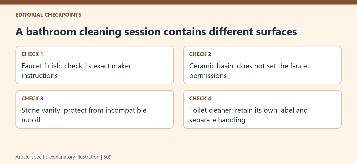 A bathroom cleaning session contains different surfaces