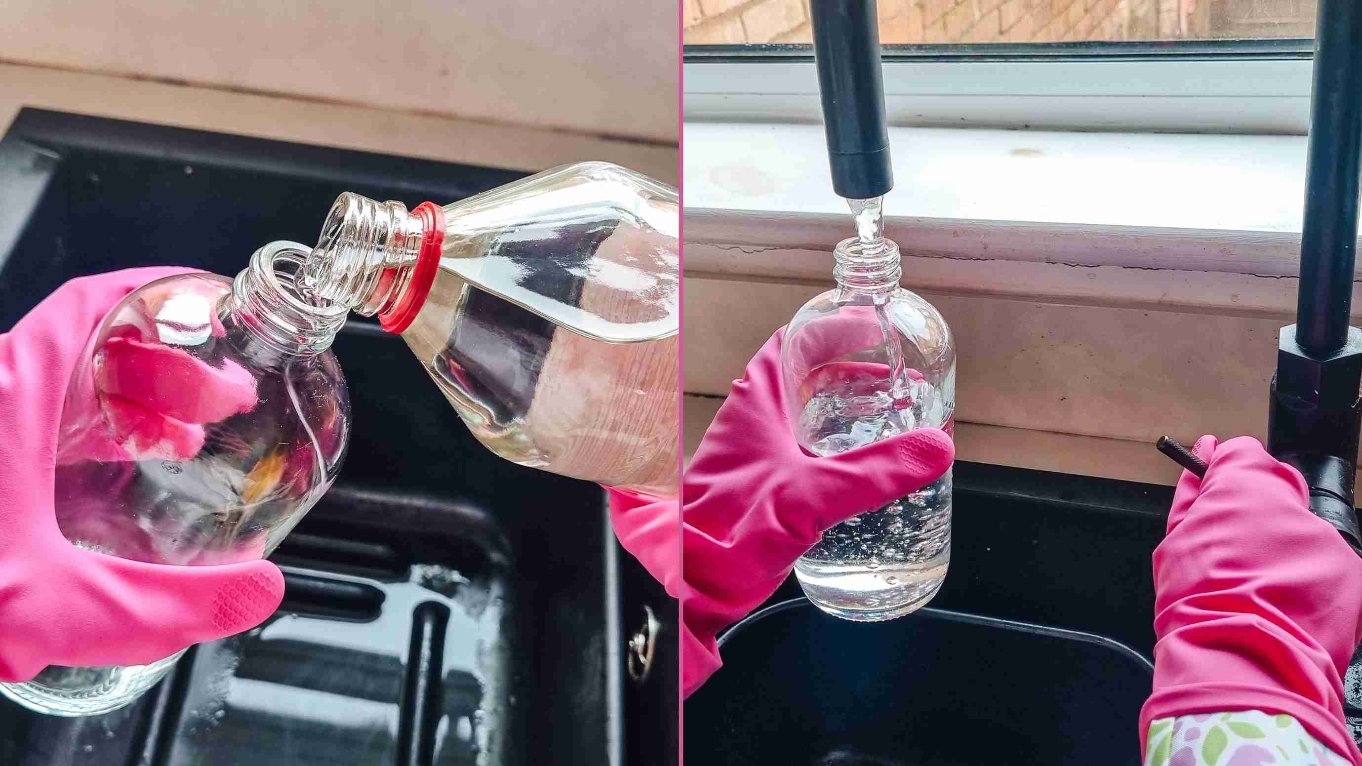 Two source demonstration panels showing vinegar being poured into a spray bottle and water added at the tap.