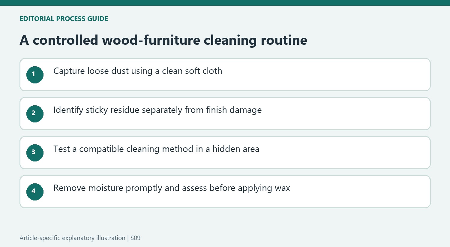 A controlled wood-furniture cleaning routine