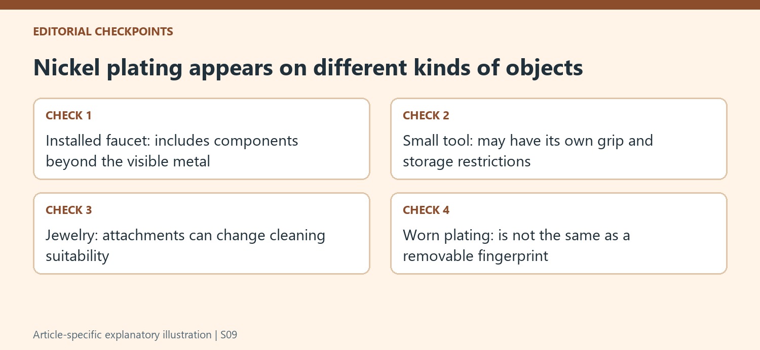 Nickel plating appears on different kinds of objects