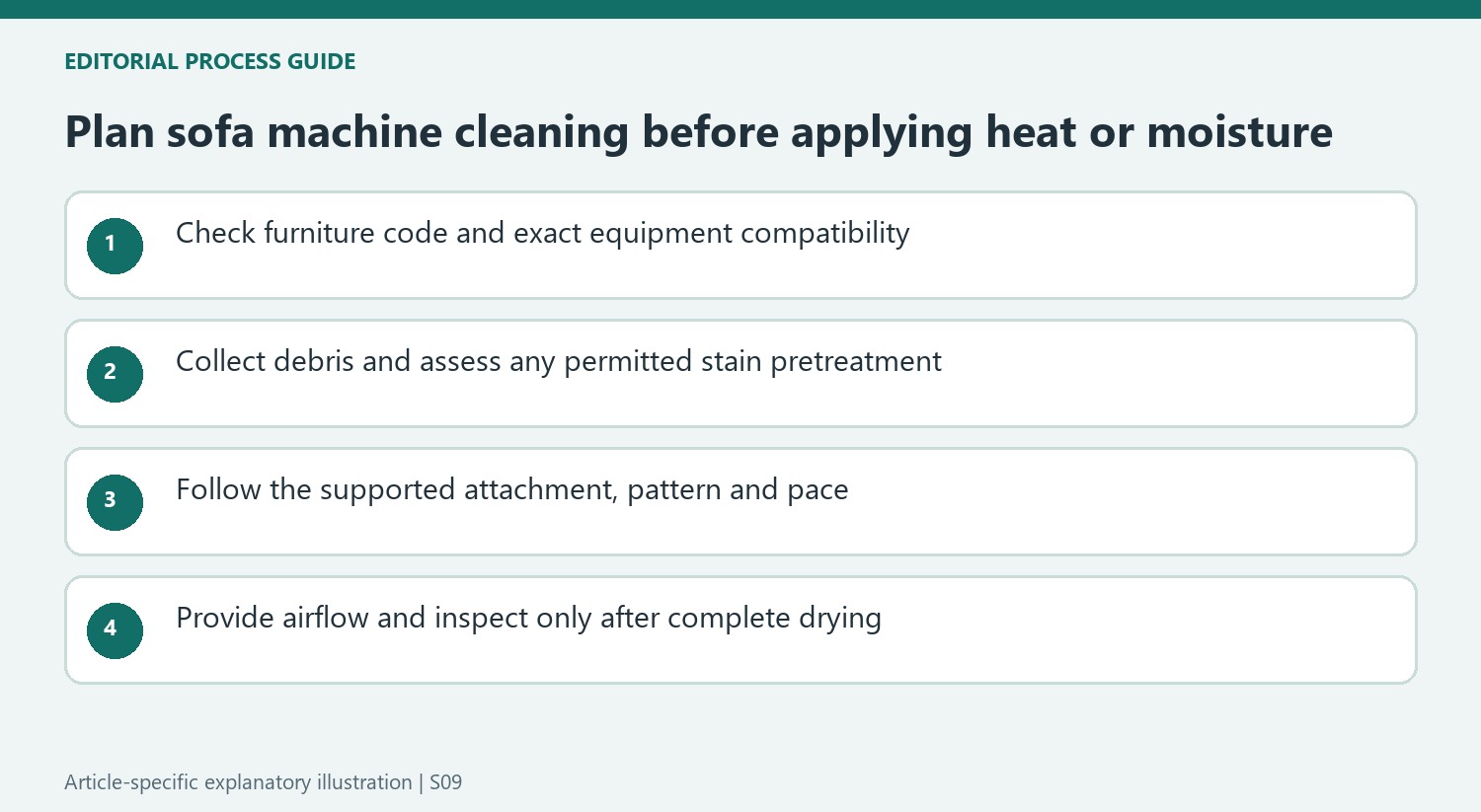 Plan sofa machine cleaning before applying heat or moisture