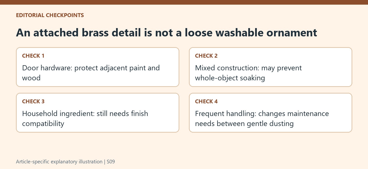 An attached brass detail is not a loose washable ornament